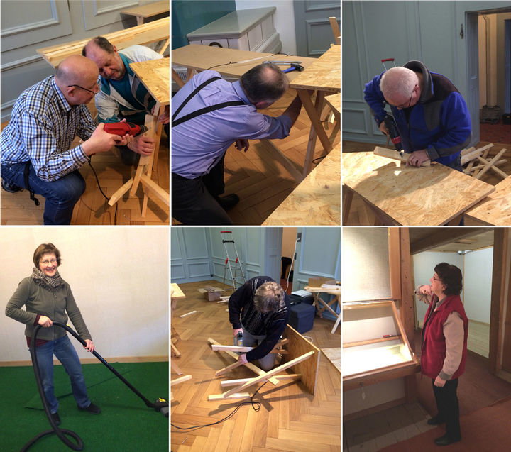 Vorstand und Leitungs-Team bauen gemeinsam die Sonderausstellung "Wassernot im Emmental" ab Vorstand und Leitungs-Team bauen gemeinsam die Sonderausstellung "Wassernot im Emmental" ab