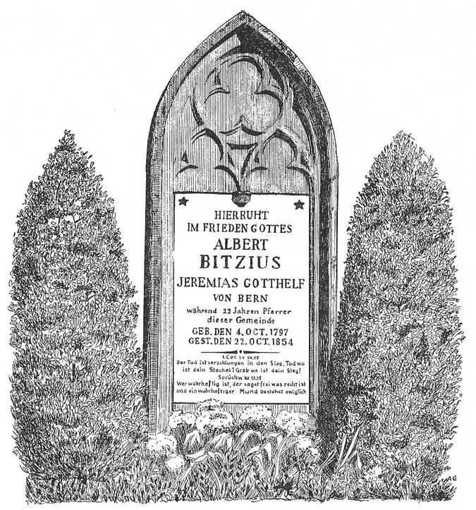 Grabstein Gotthelfs - Zeichnung A. Ggysling, Uetendorf Grabstein Gotthelfs - Zeichnung A. Ggysling, Uetendorf
