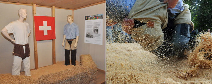 Blick in die Wechselausstellung "Schwingen und Hornussen bei Gotthelf". Blick in die Wechselausstellung "Schwingen und Hornussen bei Gotthelf".