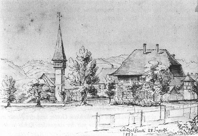 Ansicht Pfarrhaus und Kirche von der Nordseite: Zeichnung von Alphonse von Greyerz,1852 Ansicht Pfarrhaus und Kirche von der Nordseite: Zeichnung von Alphonse von Greyerz,1852