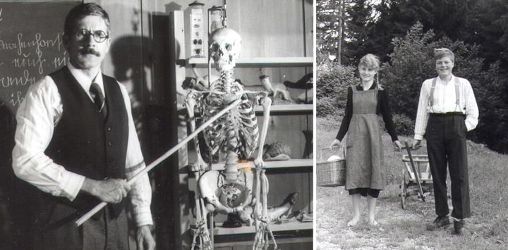 Szenenbild "Woanders sollt ihr stiller sein": Der gestrenge Schulmeister mit dem ominösen Knochenhansli - und zwei Kinder auf dem Heimweg vom Holzen.