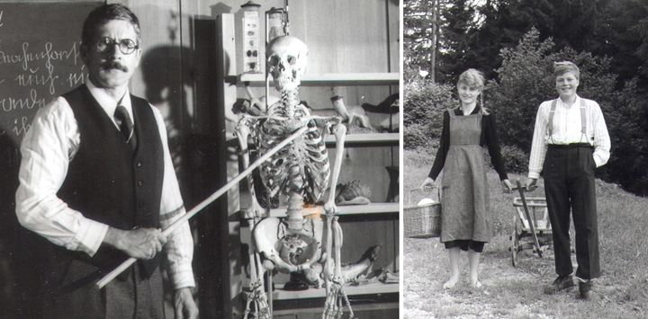 tag_der_offenen_tuer_knochenhansli.jpg Szenenbild "Woanders sollt ihr stiller sein": Der gestrenge Schulmeister mit dem ominösen Knochenhansli - und zwei Kinder auf dem Heimweg vom Holzen.